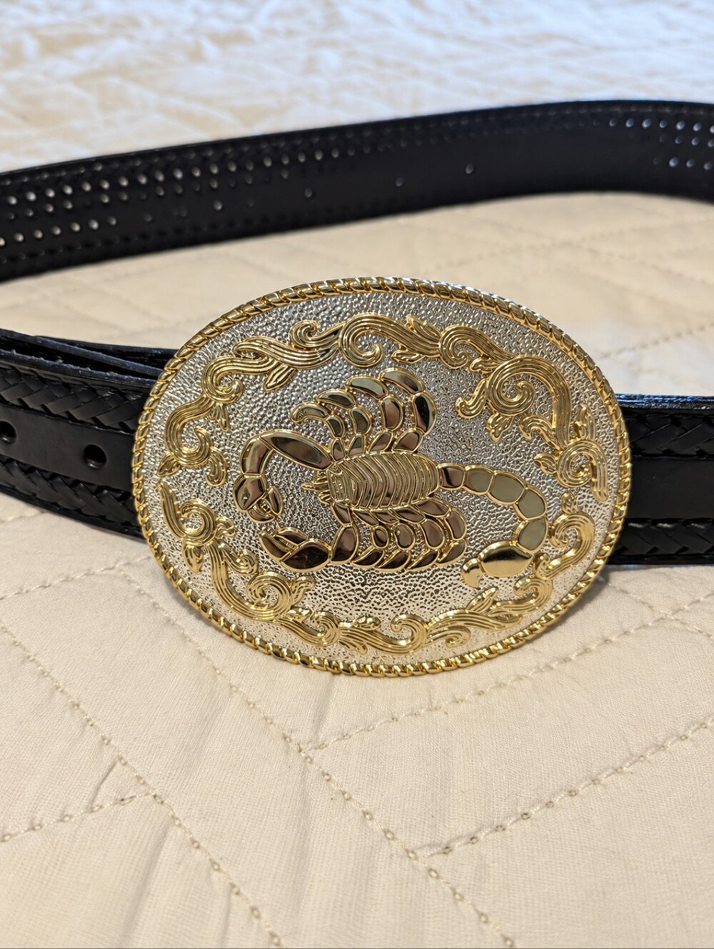 Western Scorpion Leather belt Buckle Zodiac Scorpio Gold Silver Oval Black 38 XL